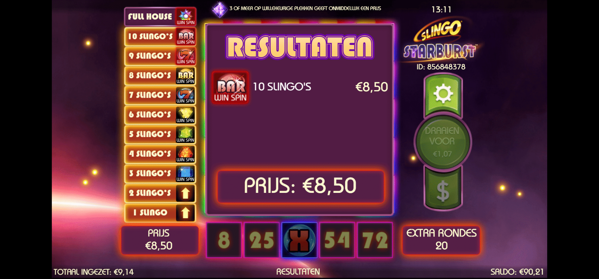 Slingo Starburst 3 Wintabel