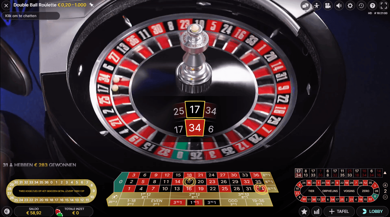 Double ball roulette bijna 2 op 1 nummer