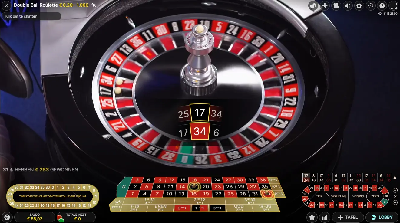 Double ball roulette bijna 2 op 1 nummer
