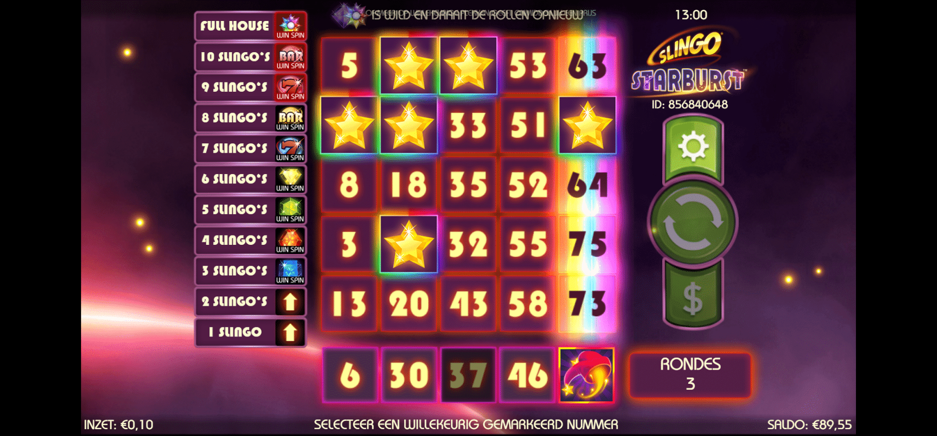 Slingo Starburst 4 Wild symbool kolom