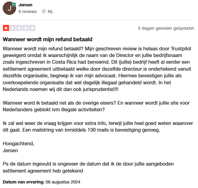 Negatieve review lalabet trustpilot